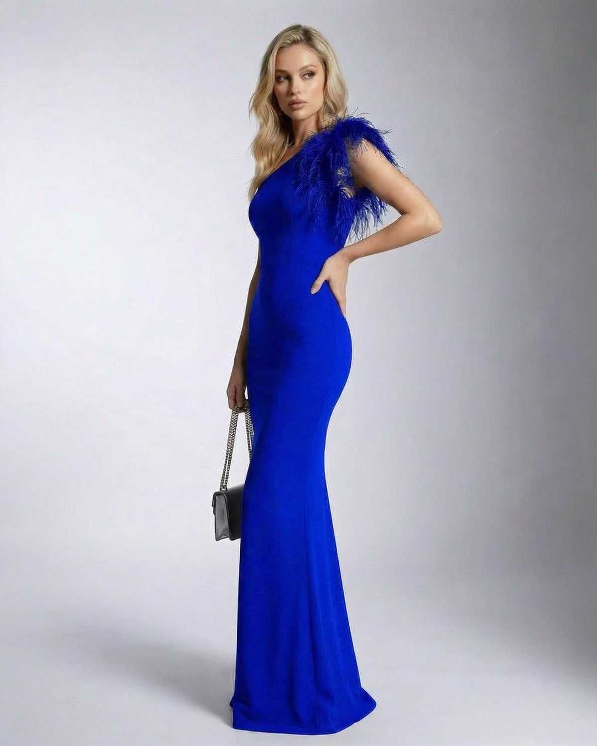 Azura Maxi Dress by Lauven - Elegant blue one shoulder mermaid dress with feather detail.
