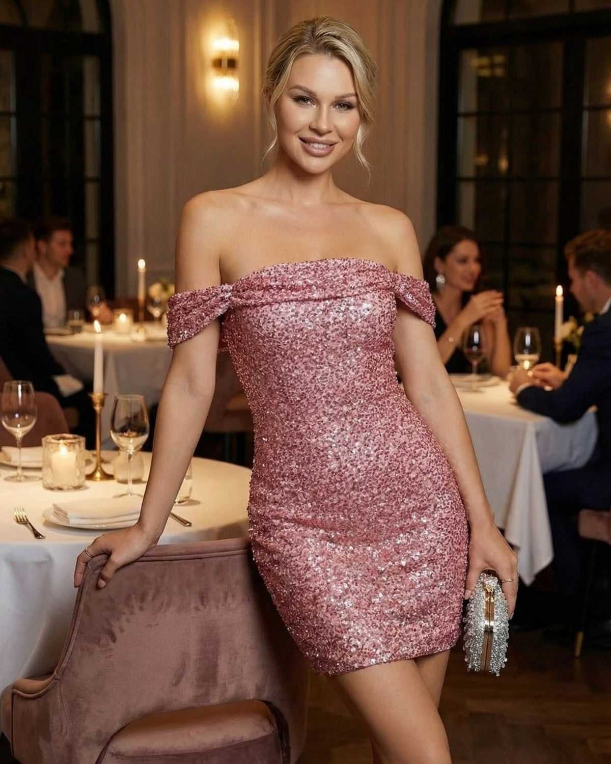 Aurora Mini Dress by Lauven, a stunning sequined bodycon mini with an asymmetrical neckline, perfect for evening events.