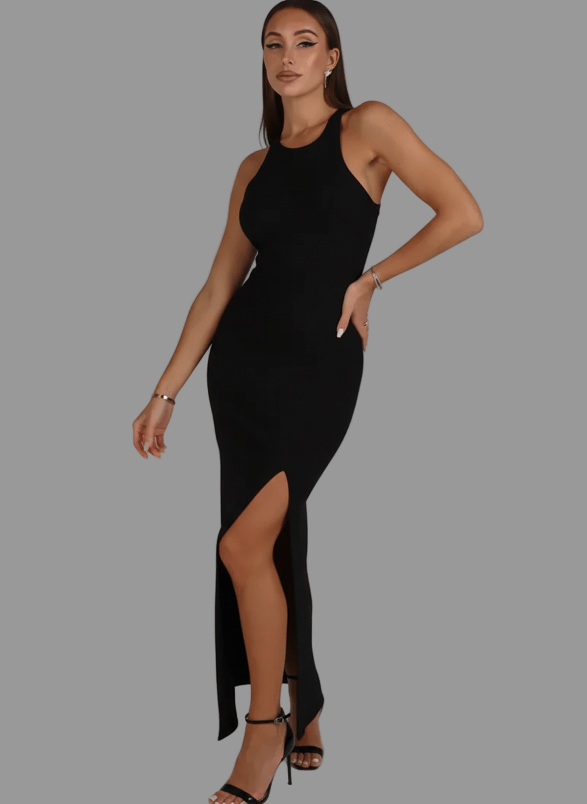 Lyra Maxi Dress by Lauven featuring a sleek sleeveless design and elevated side slit for modern elegance.