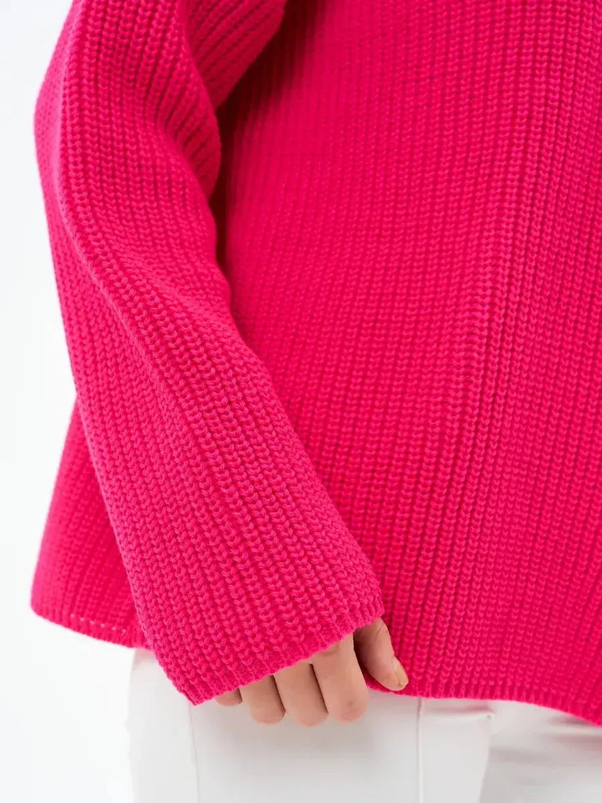 Aster Sweater by Lauven in vibrant fuchsia, showcasing textured knit and oversized fit, perfect for cooler seasons.