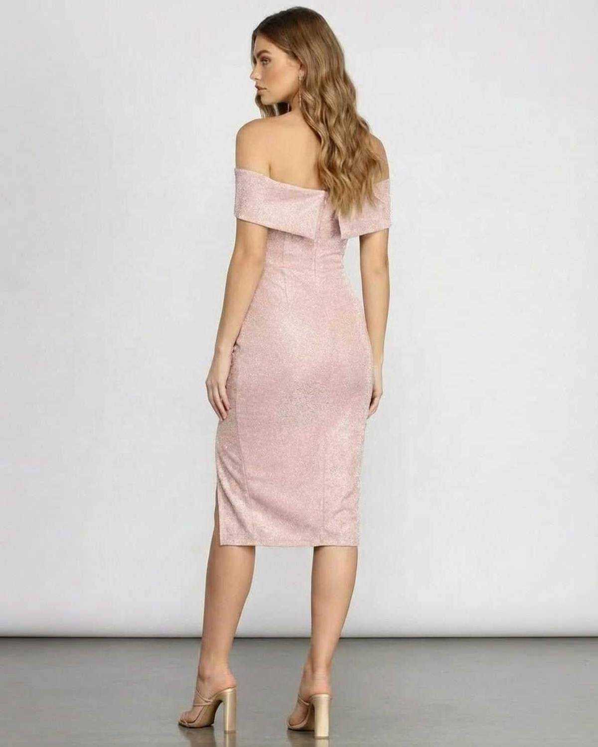 Aurelia Midi Dress by Lauven, off shoulder glitter midi dress with a sleek back view for special occasions.