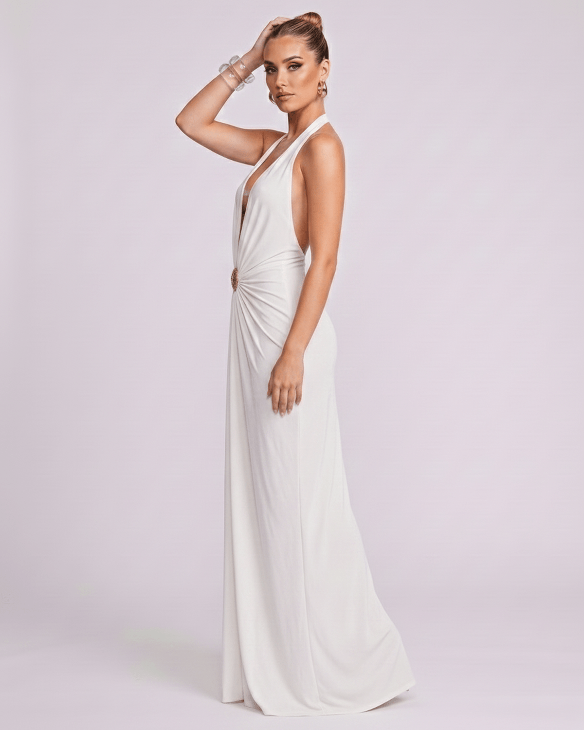 Aurelis Maxi Dress in white, showcasing a deep V-neck and elegant gathered detailing by Lauven.