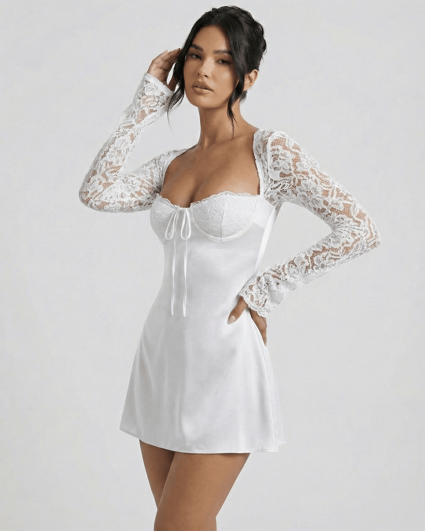 Bianca Mini Dress by Lauven, women's white lace long sleeve mini dress featuring a structured bodice and sheath silhouette.