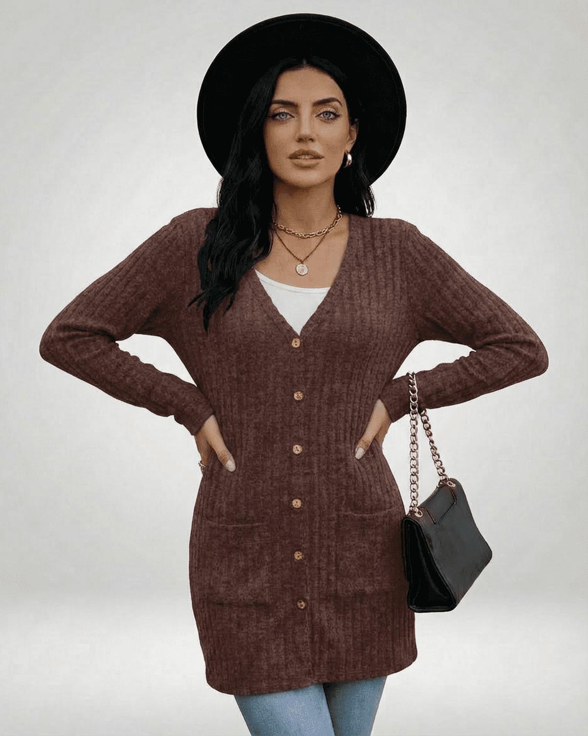 Cairo Cardigan by Lauven, longline button-front knitwear, featuring V-neckline and textured fabric in a chic outfit.