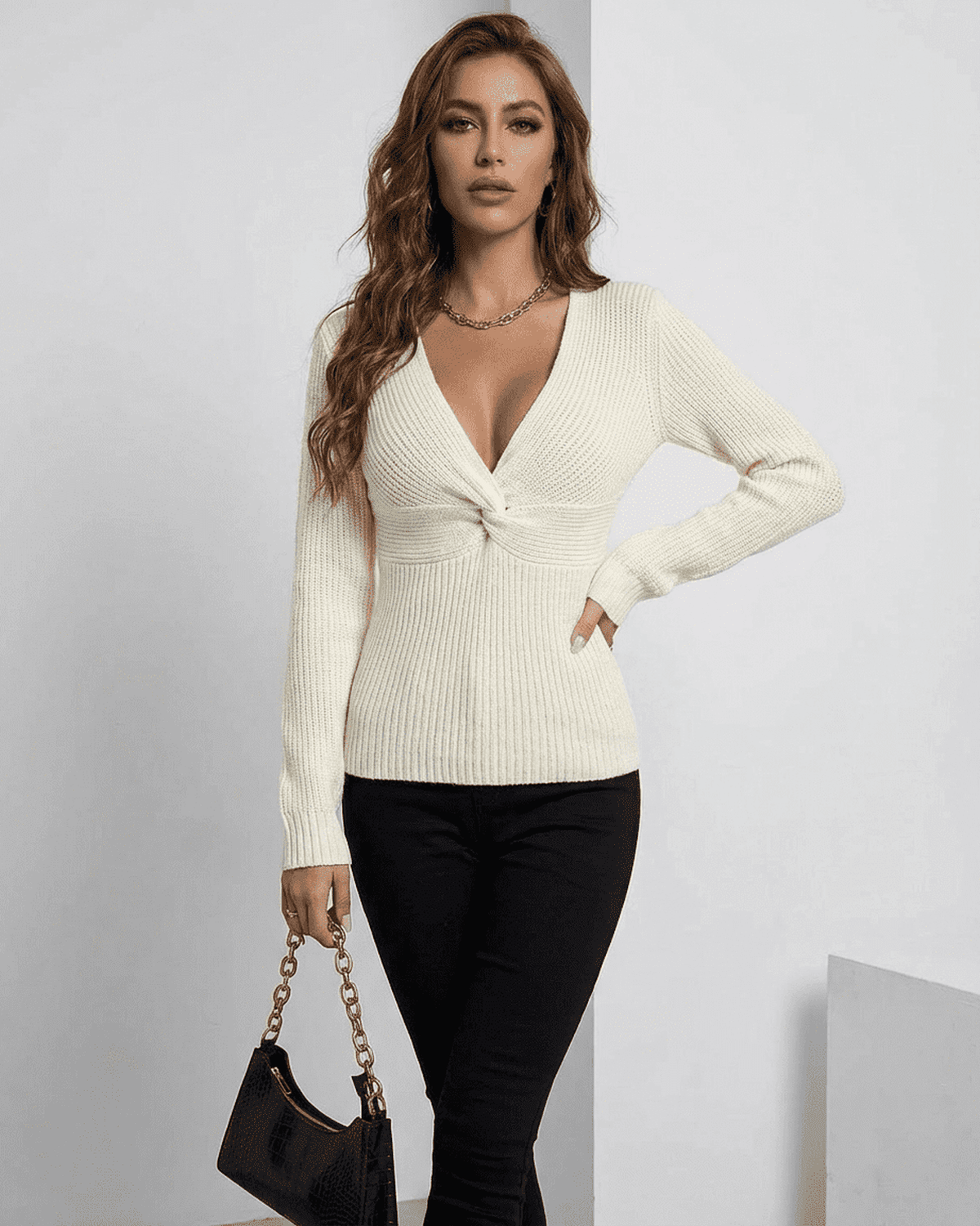Celeste Pullover by Lauven - Ribbed Slim Fit V-Neck Sweater in Ivory, perfect for layering or standalone wear.