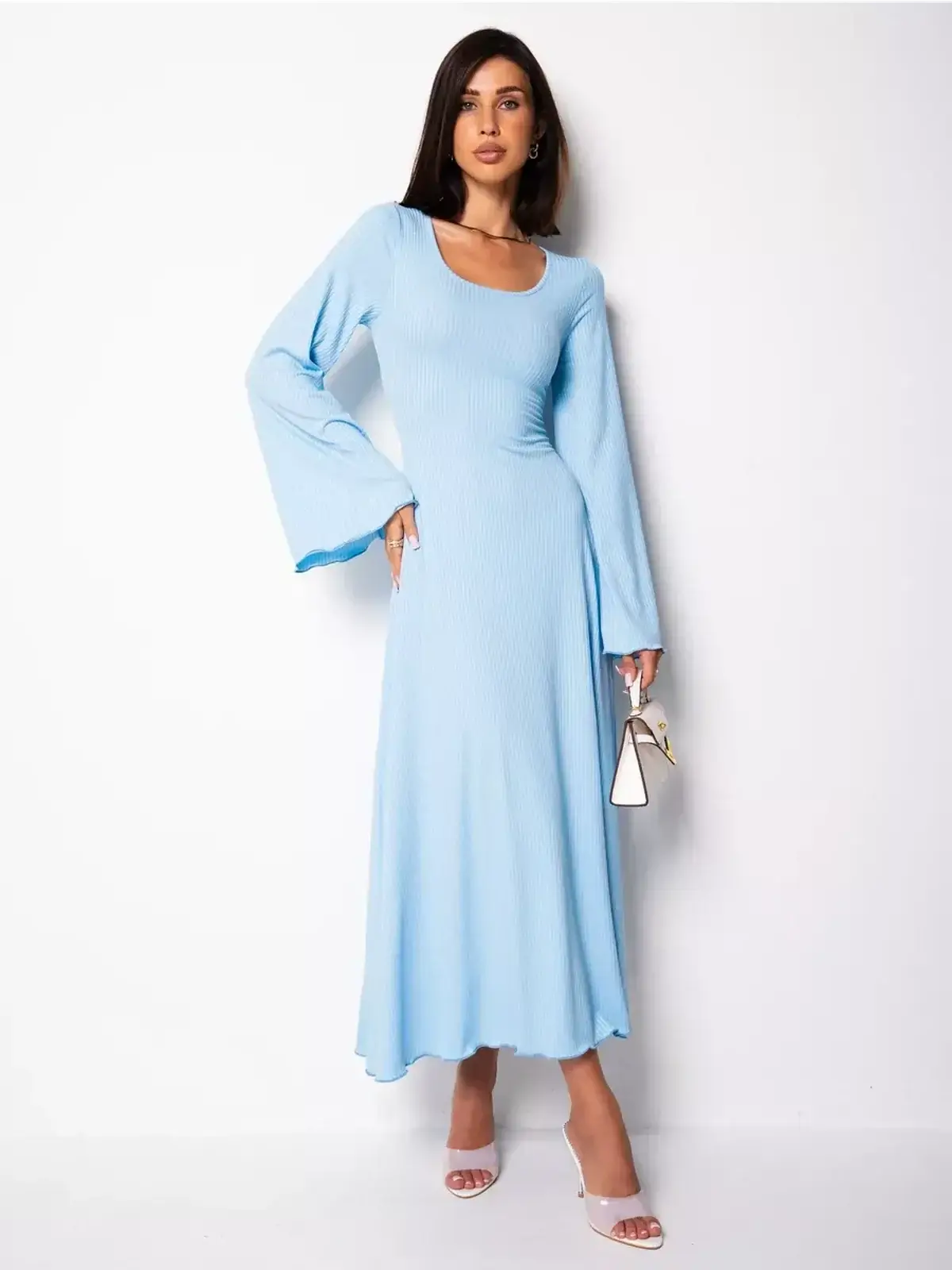 Elegant light blue Celeste midi dress featuring long bell sleeves and a U-neckline, perfect for summer occasions.
