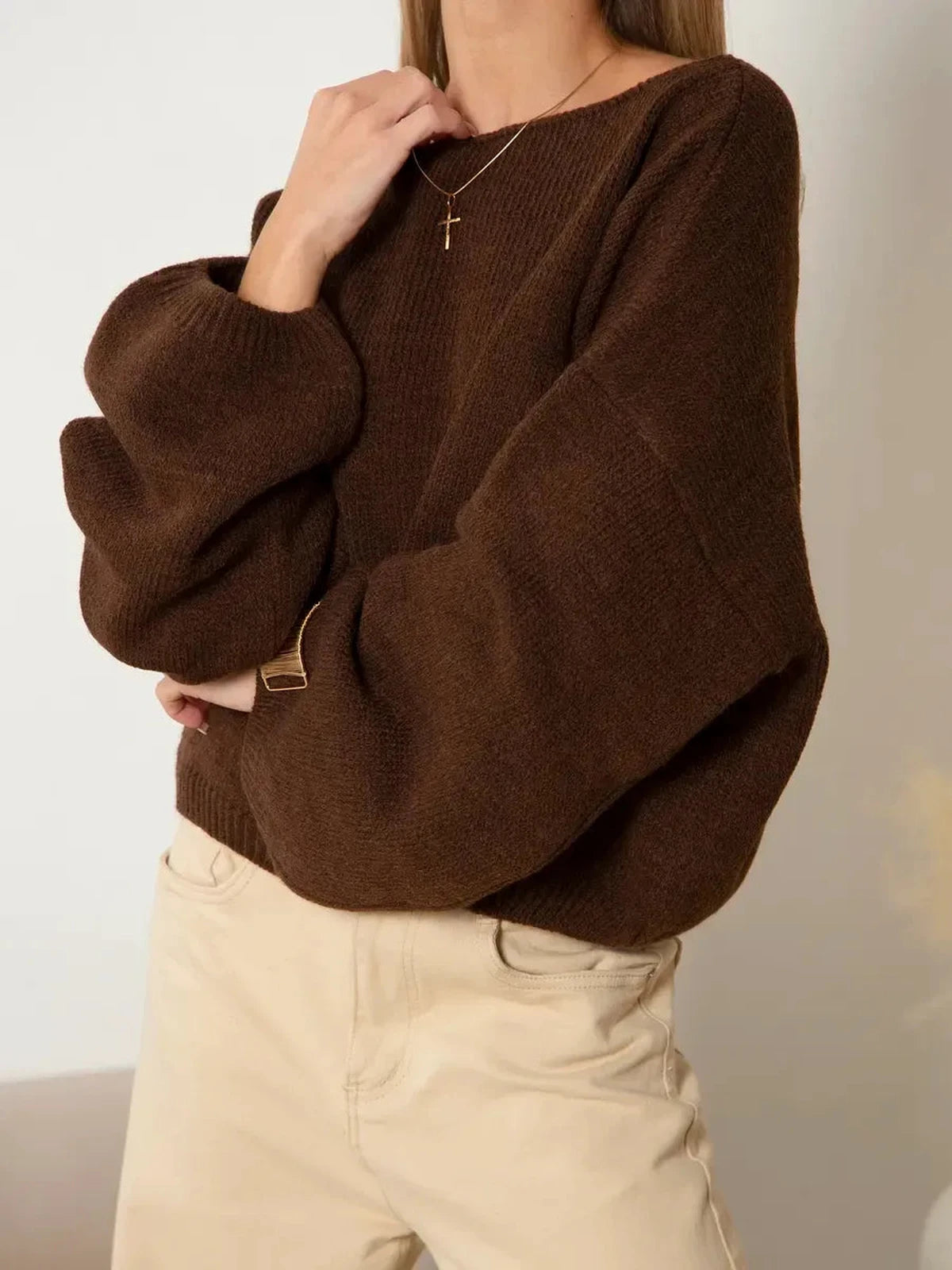 Chestnut Sweater by Lauven - Cozy oversized women’s knit sweater with boat neck in rich brown shade.