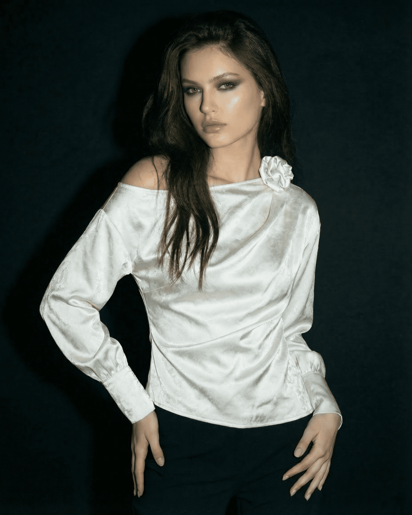 Elysia Blouse by Lauven, asymmetrical neck long sleeve satin-style blouse with a sculpted shoulder.