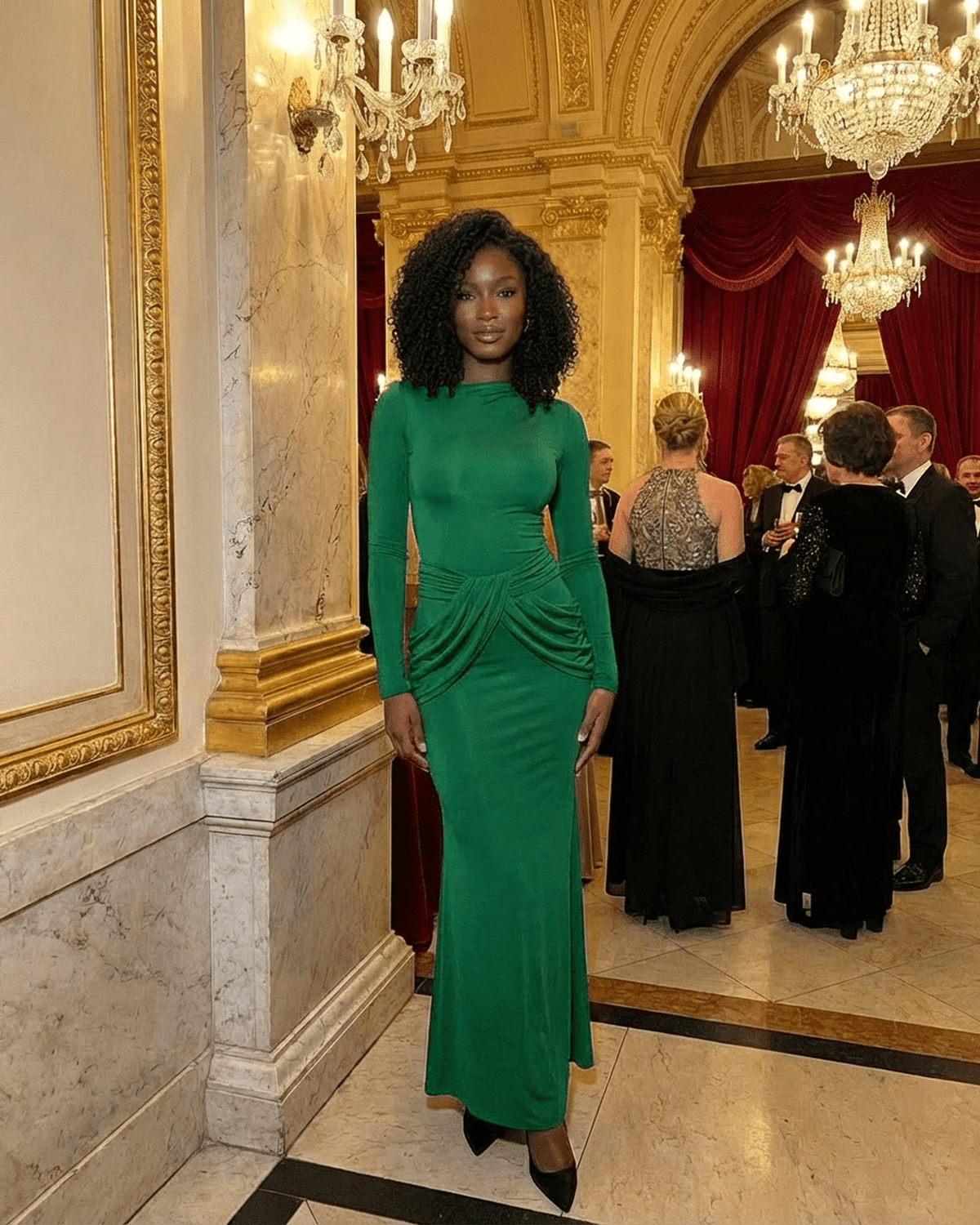 Emerald Maxi Dress by Lauven, featuring long sleeves and ruched high waist, perfect for elegant occasions.