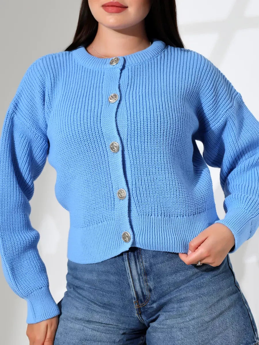 Skyler Cardigan by Lauven featuring a cozy light blue knit design with button closure and relaxed fit.