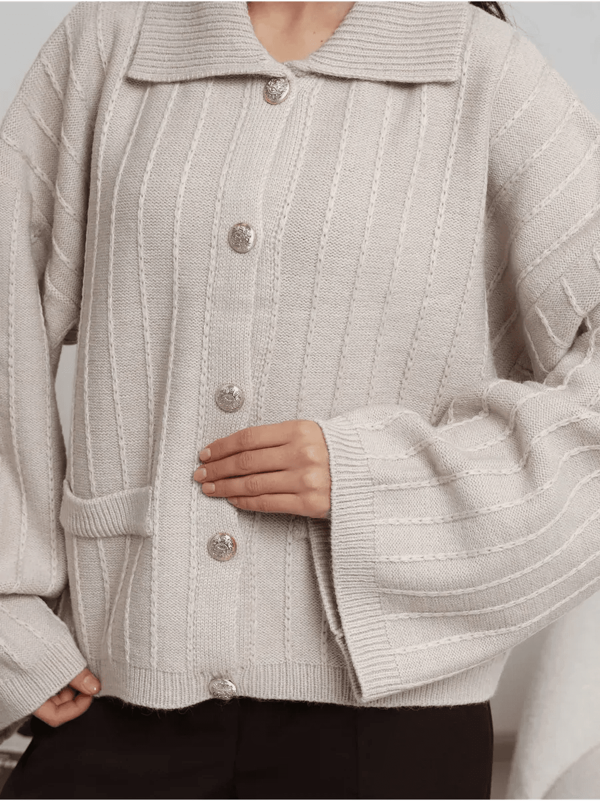 Dune Cardigan by Lauven - Soft light beige oversized knitwear with braided pattern and bell sleeves.