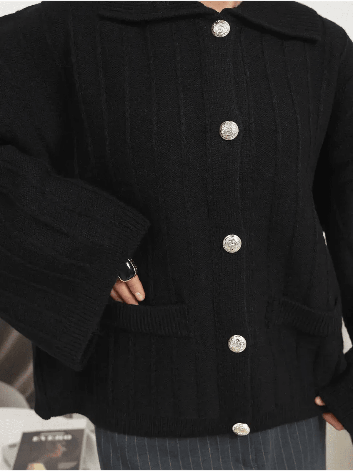 Onyx Cardigan by Lauven: Sophisticated black oversized knitwear with braided pattern and bell sleeves.