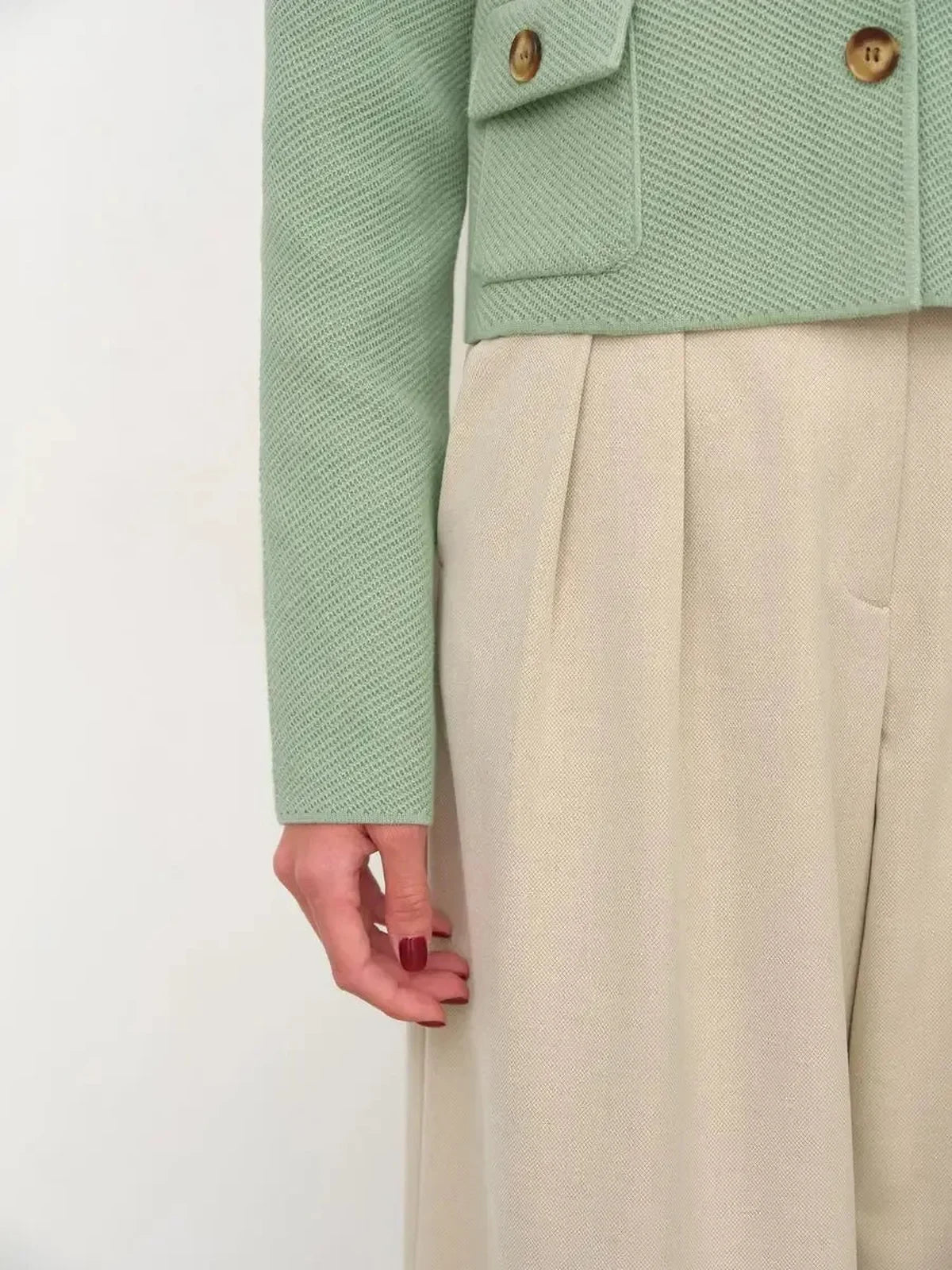 Sage Jacket by Lauven, cropped light green women's jacket with button closure and relaxed fit.