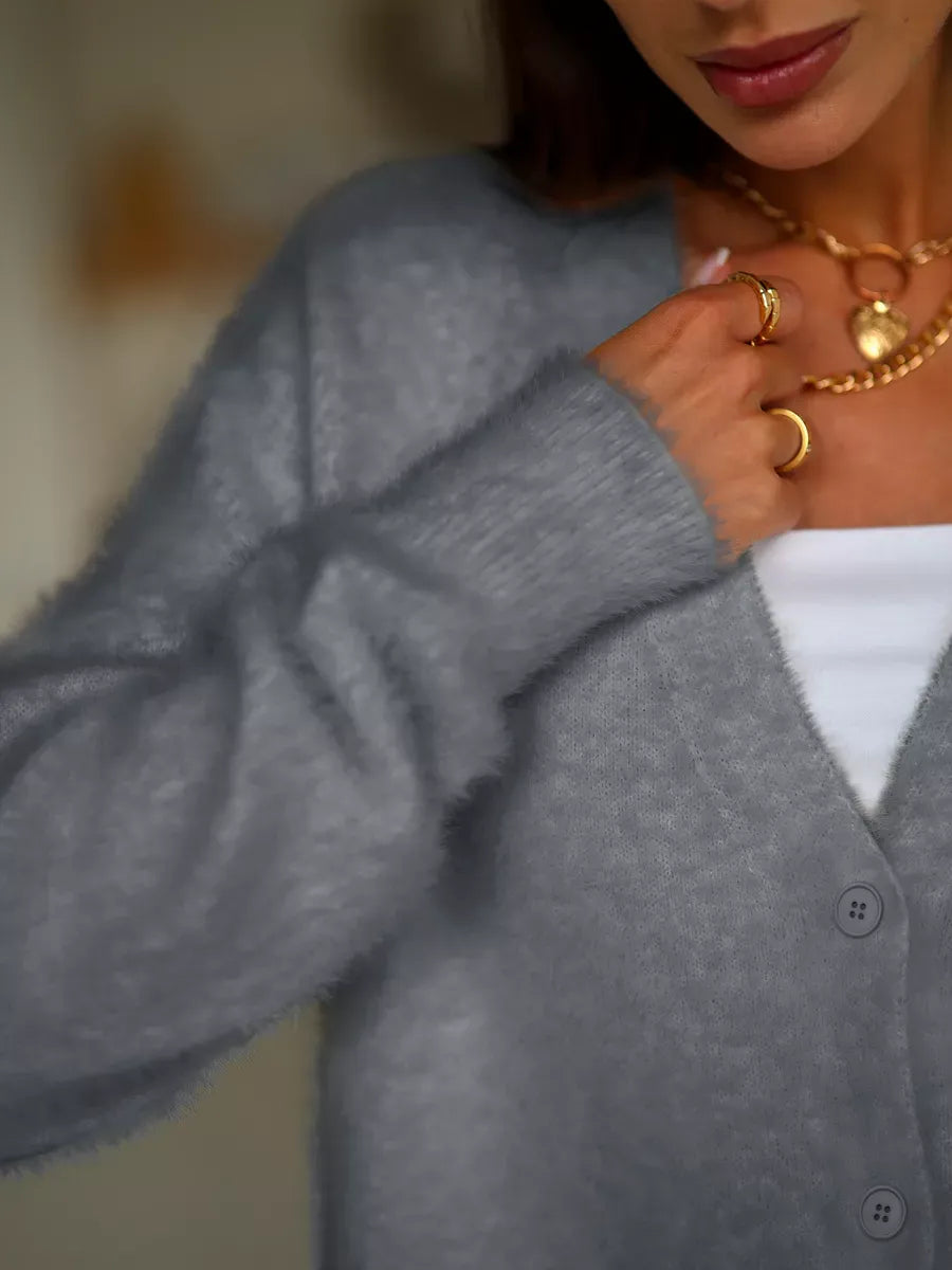 Graphite Cardigan by Lauven, soft gray oversized plush knitwear with button closure for elegant comfort.