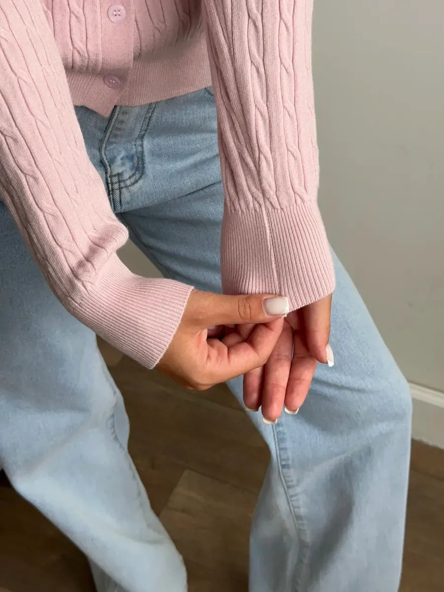 Rosewood Cardigan - Lightweight pink viscose blend knitwear with cable knit detail by Lauven.