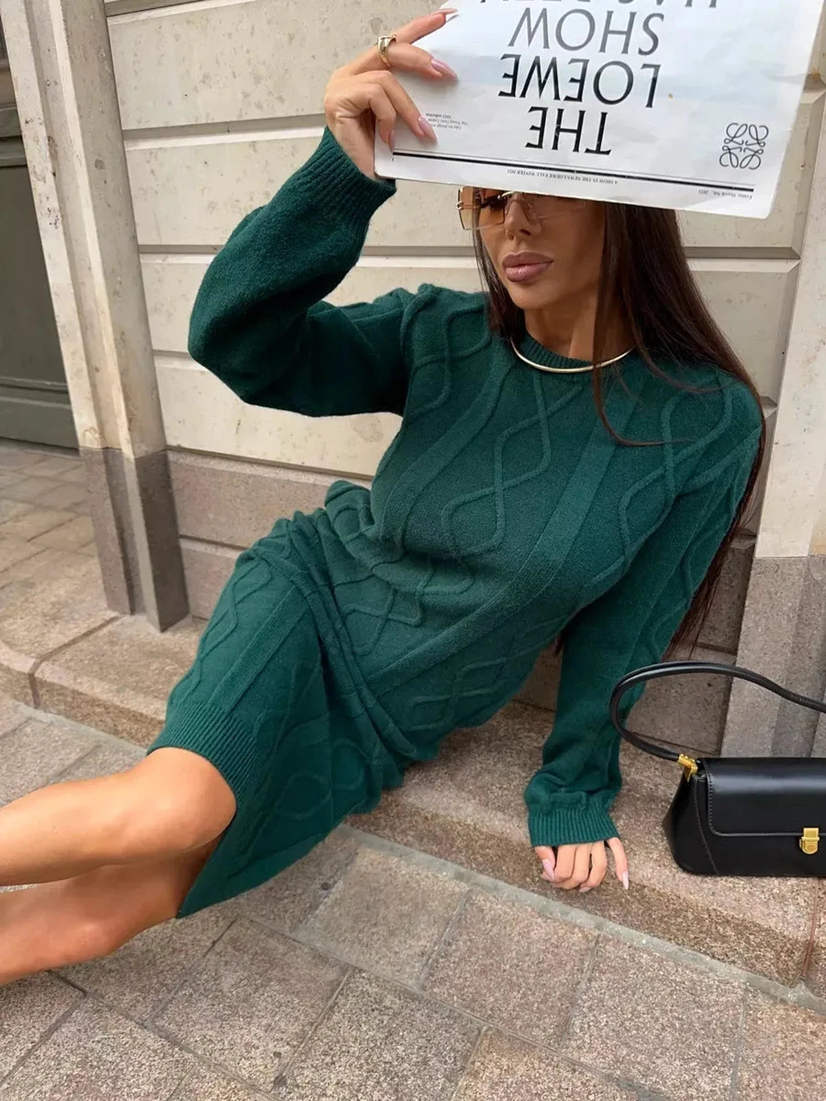 Selene Midi Dress by Lauven, elegant textured knit sweater dress in emerald green color, styled for sophisticated women.