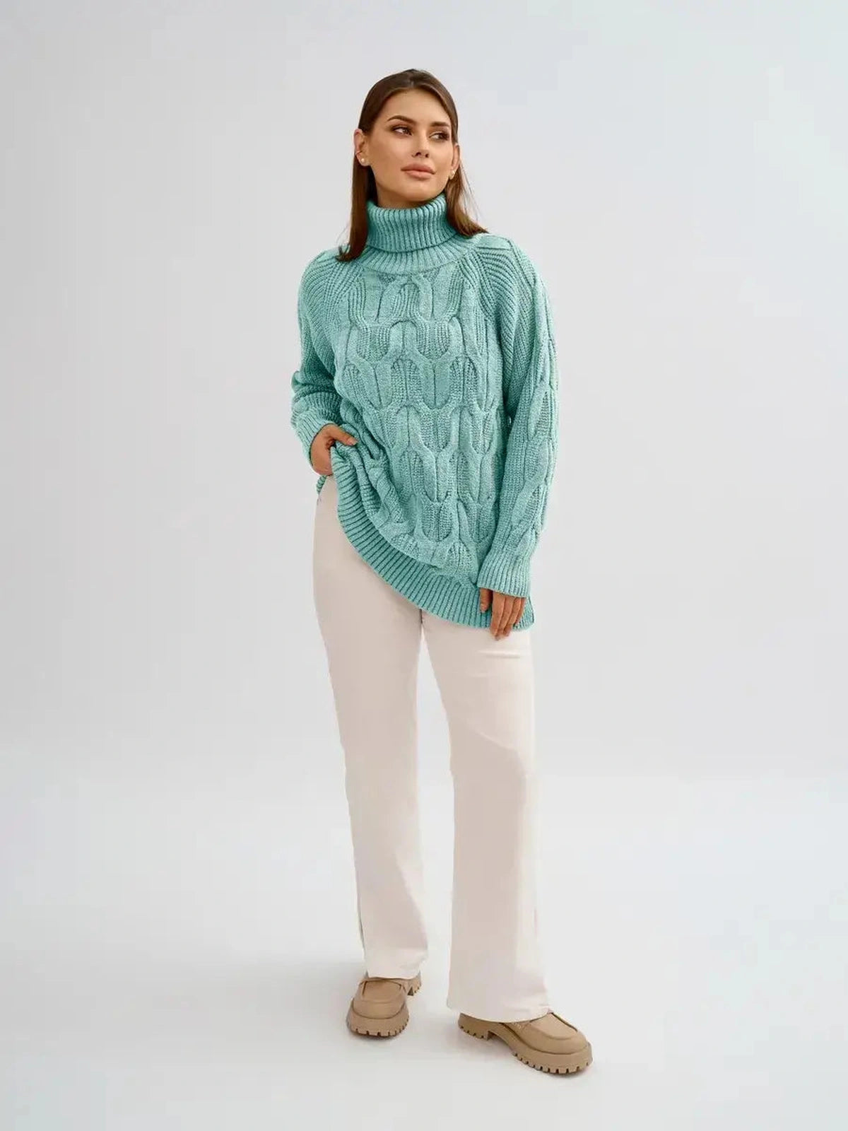 Laguna Sweater by Lauven - Oversized cable knit high neck design in a stylish mint green