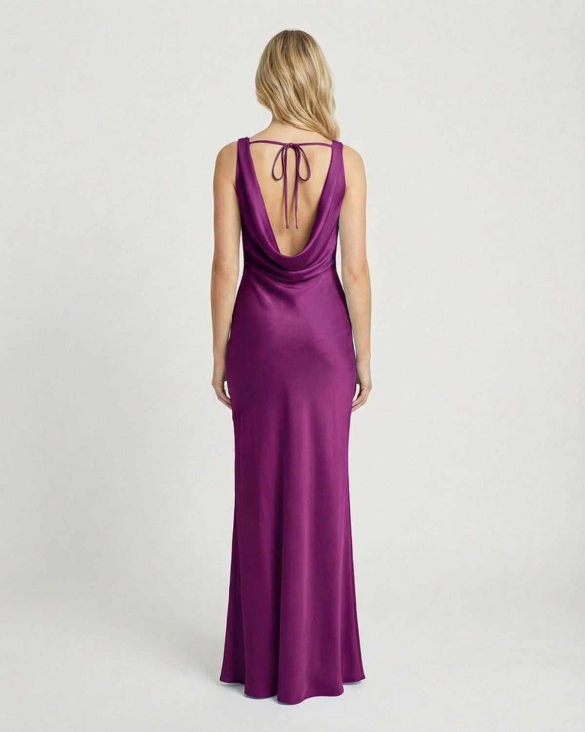Amethyst Maxi Dress by Lauven featuring a satin-effect cowl neck and a sleek back design.