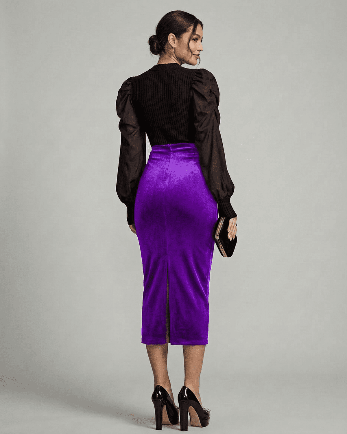 Amethyst Midi Skirt by Lauven, elegant high-waisted velvet pencil skirt with back slit in vibrant purple.