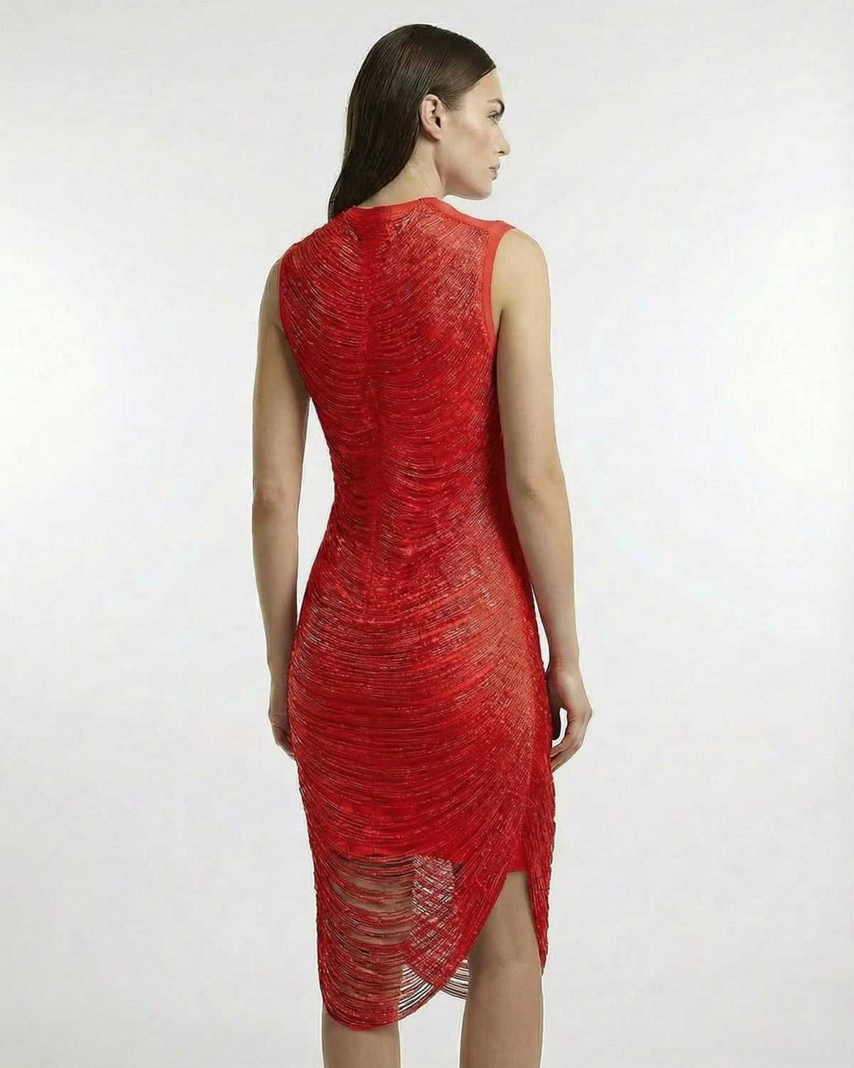 Ares Midi Dress by Lauven, showcasing bold bodycon elegance with a striking red tassel texture from the back.