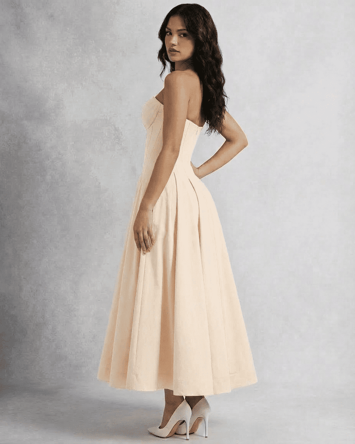 Aura Midi Dress by Lauven, elegant strapless corset A-line dress in soft beige, perfect for formal occasions.