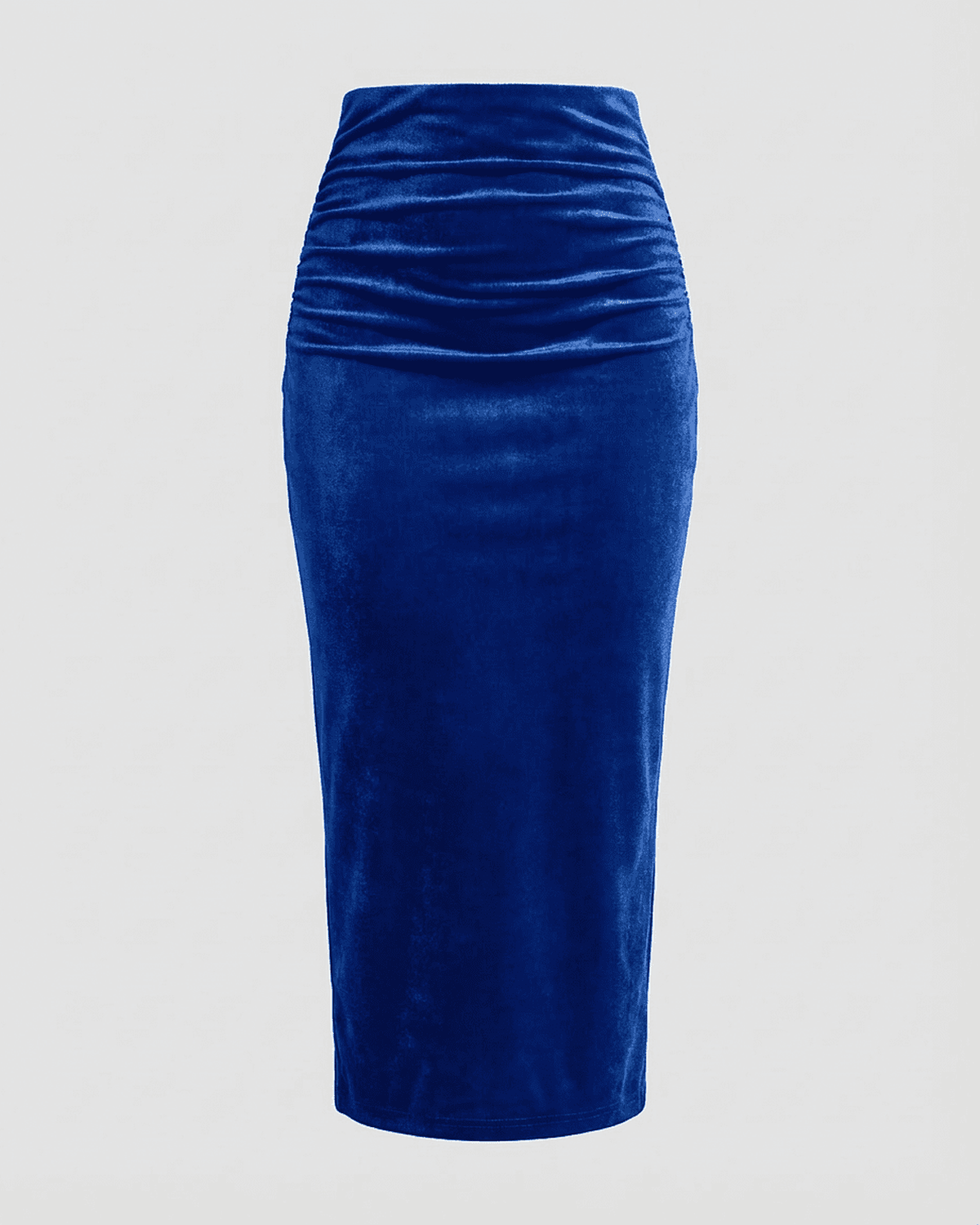 Azure Midi Skirt by Lauven — High-waisted velvet pencil skirt with elegant back slit in deep blue.