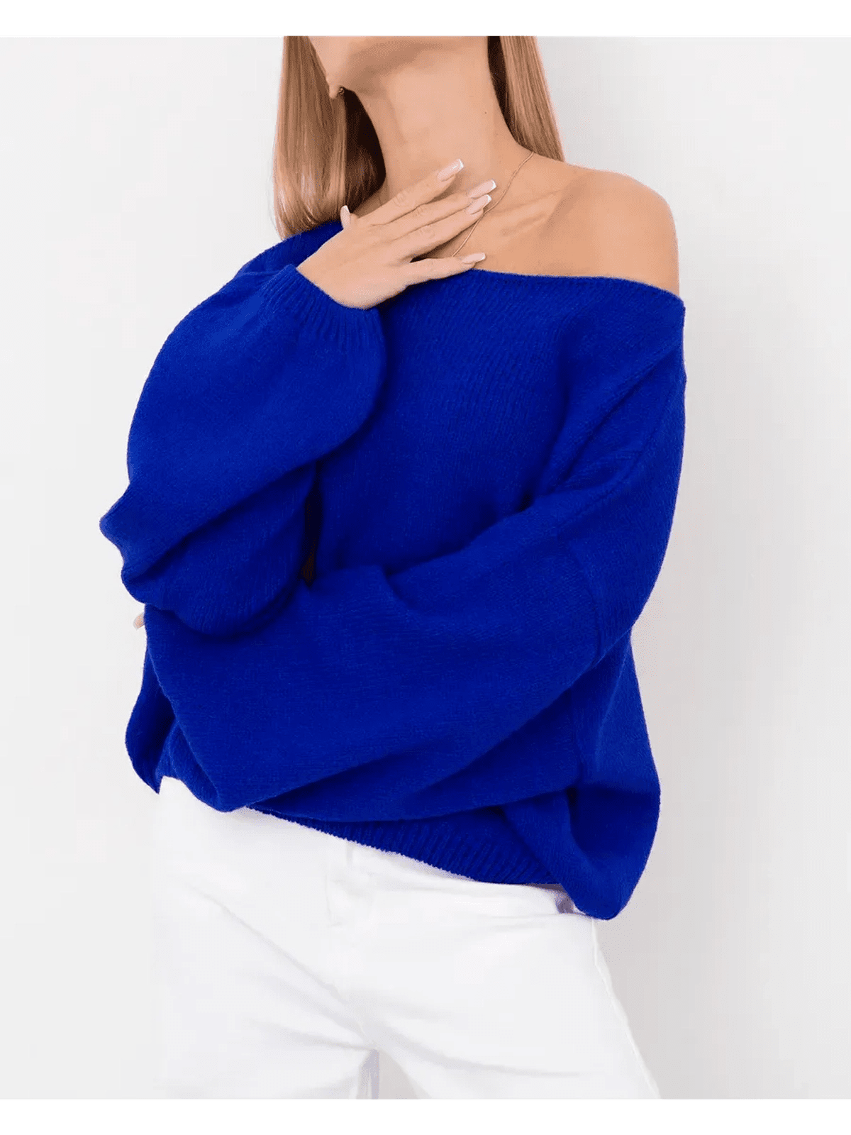Azure Sweater by Lauven - Oversized women’s knit sweater in vibrant blue with boat neck design.