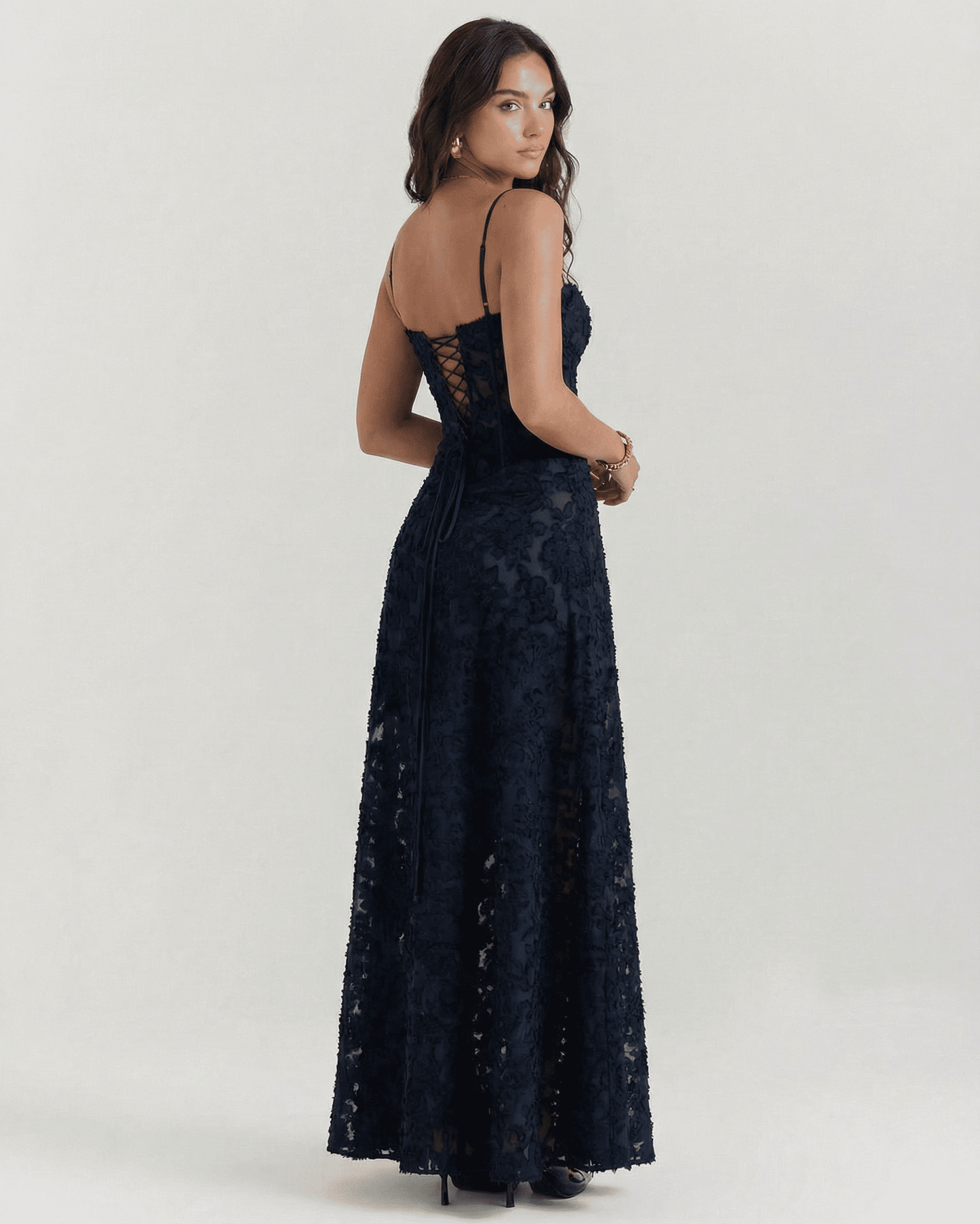 Calindra Maxi Dress by Lauven, featuring navy floral lace and corset back detail, showcasing elegant femininity.