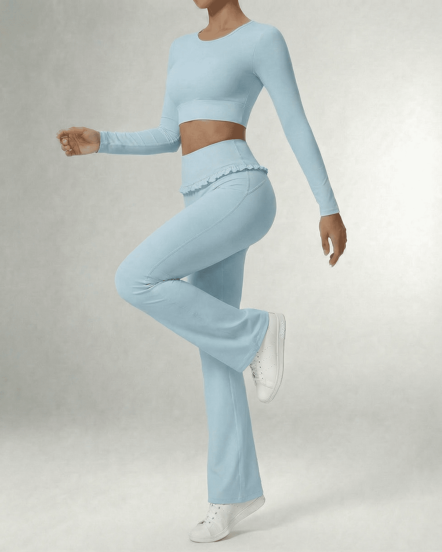Celeste Leggings Blue by Lauven, stylish light blue flare pants showcasing comfort and elegance.