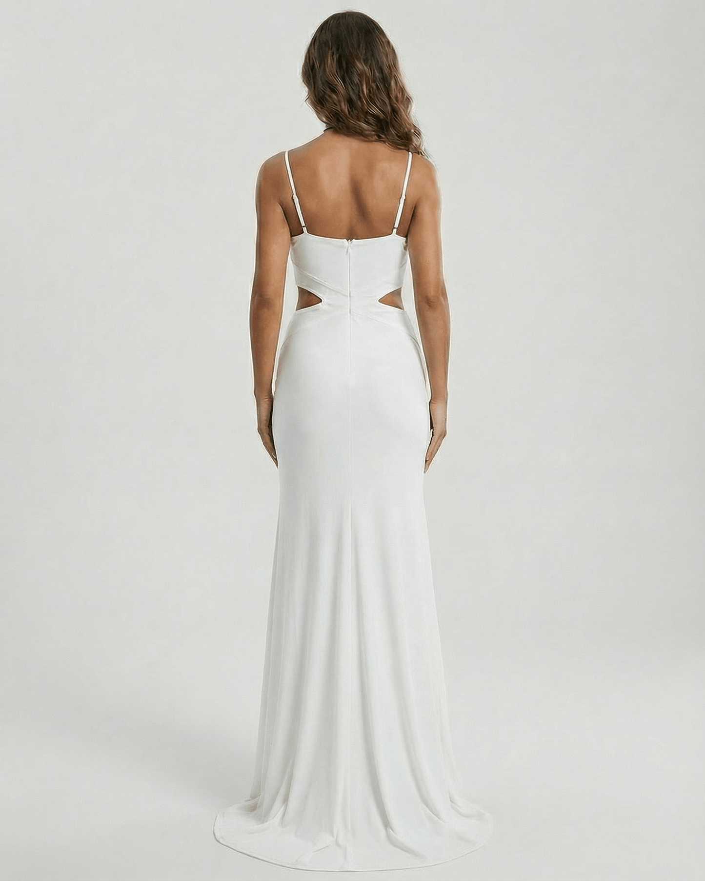 Celeste Maxi Dress by Lauven, showcasing a white strapless cutout design from the back, highlighting its elegant silhouette.