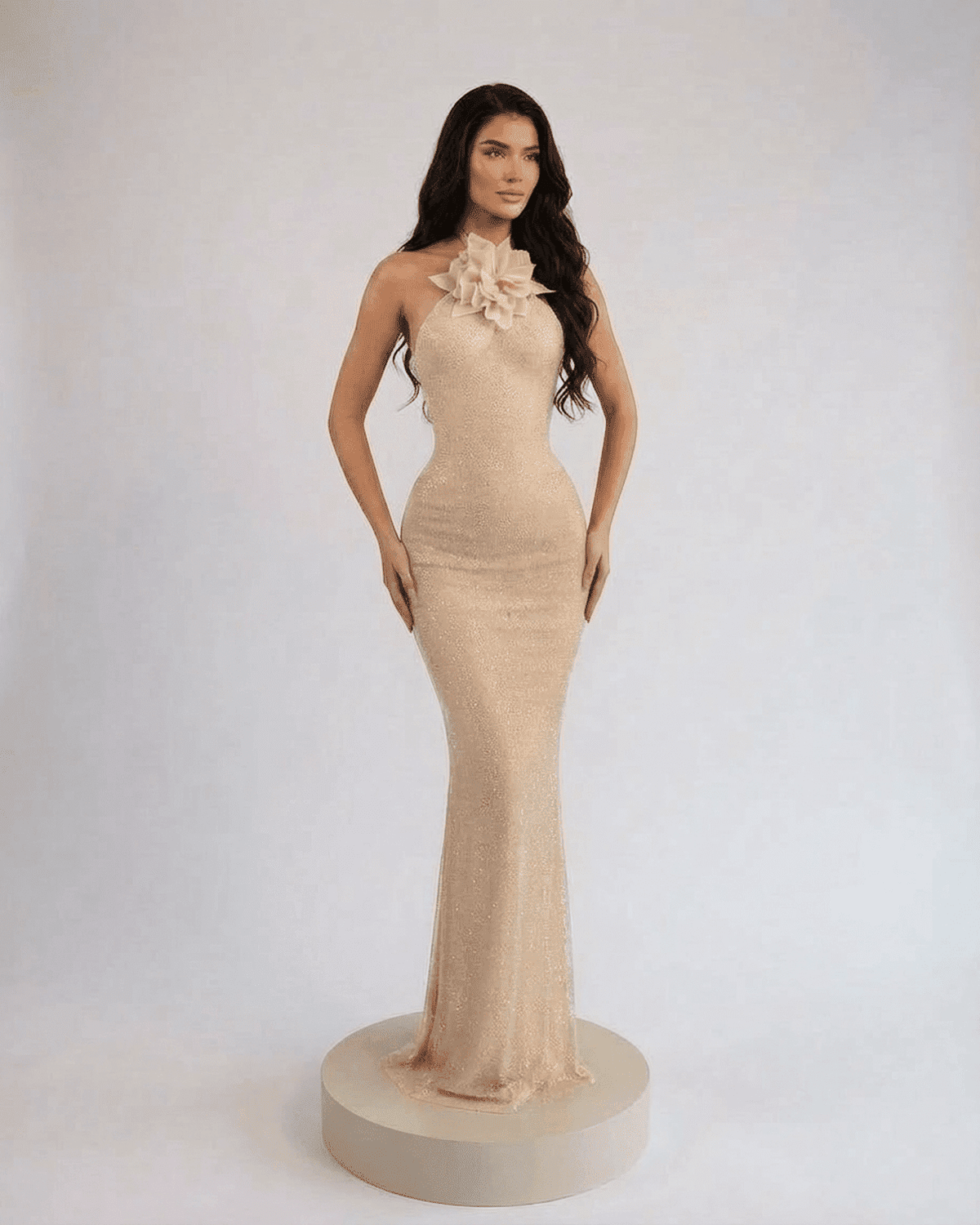 Champagne Maxi Dress by Lauven featuring halter neck, floral accent, and floor-length silhouette.