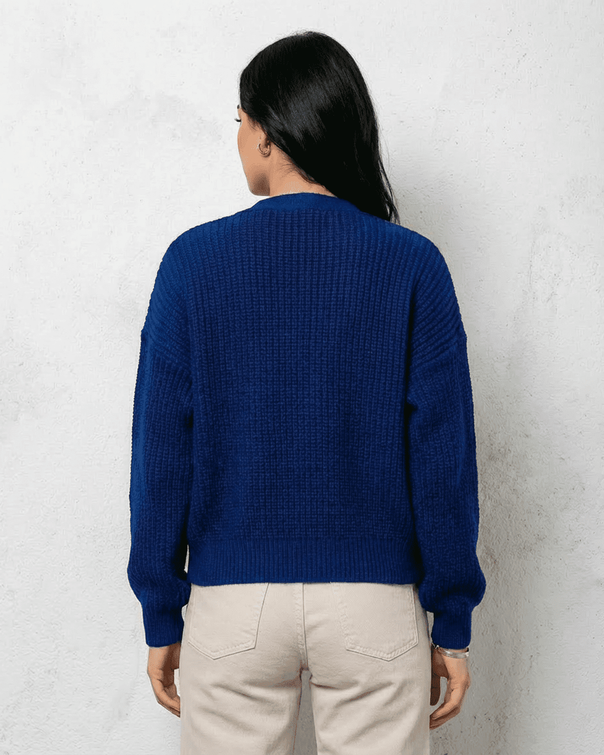 Cobalt Cardigan back view, cozy knitwear by Lauven in vibrant blue with a relaxed fit.