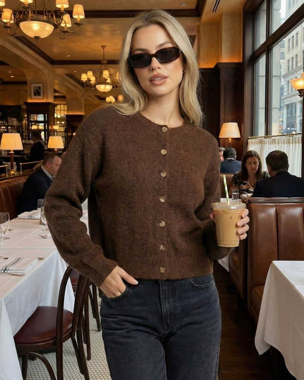 Cocoa Cardigan by Lauven styled with sunglasses in a chic setting, showcasing a button-front design and relaxed fit.
