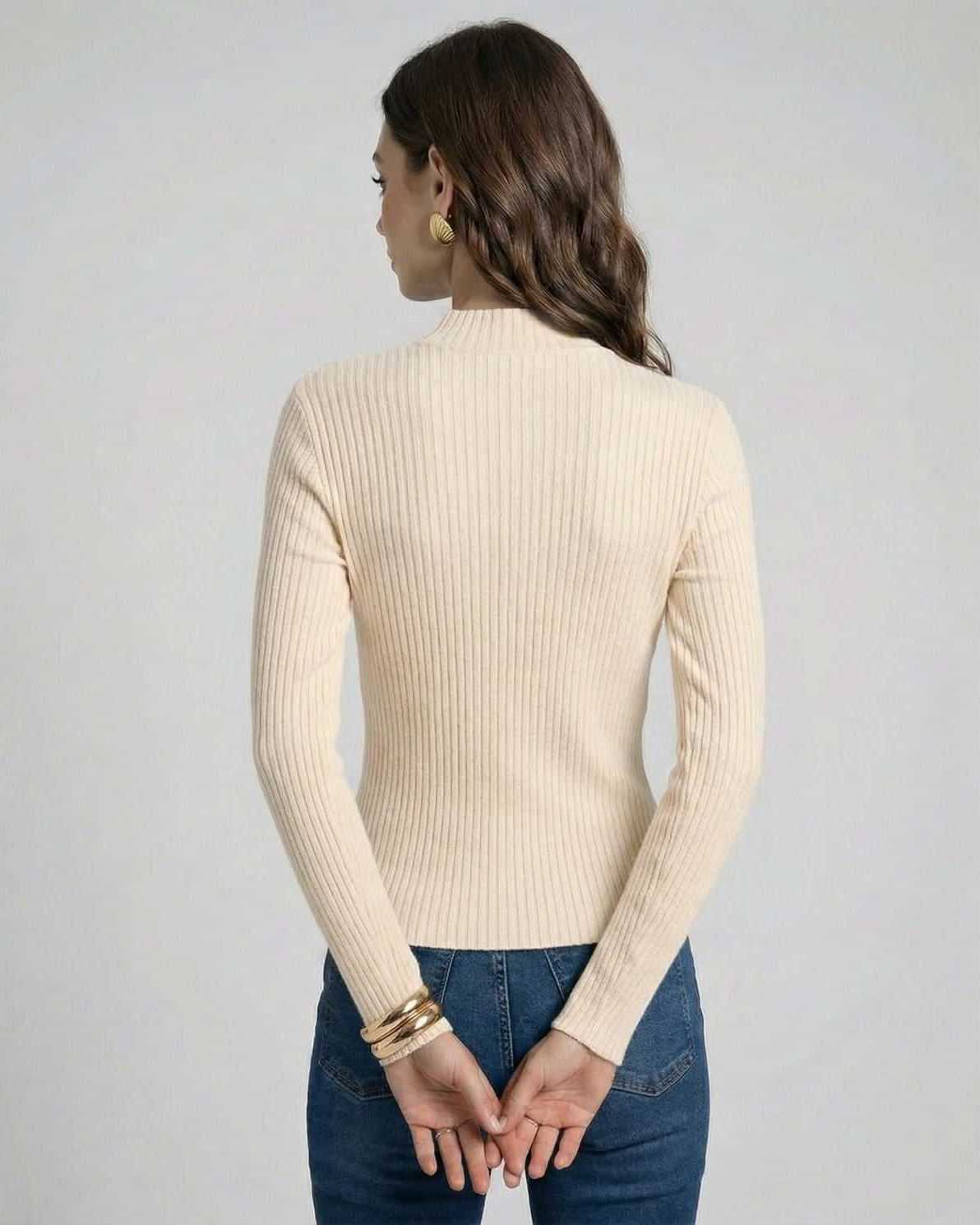 Ecru Pullover by Lauven - Women's rib-knit long sleeve pullover in soft ecru, showcasing a minimalist design.