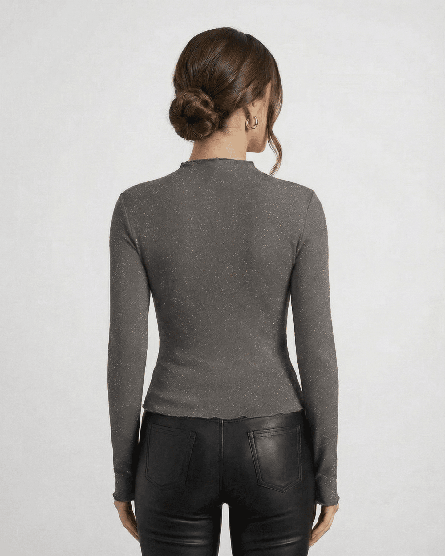 Graphite Blouse from Lauven — Long sleeve sequin blouse showcasing a sleek back view with subtle shimmer.