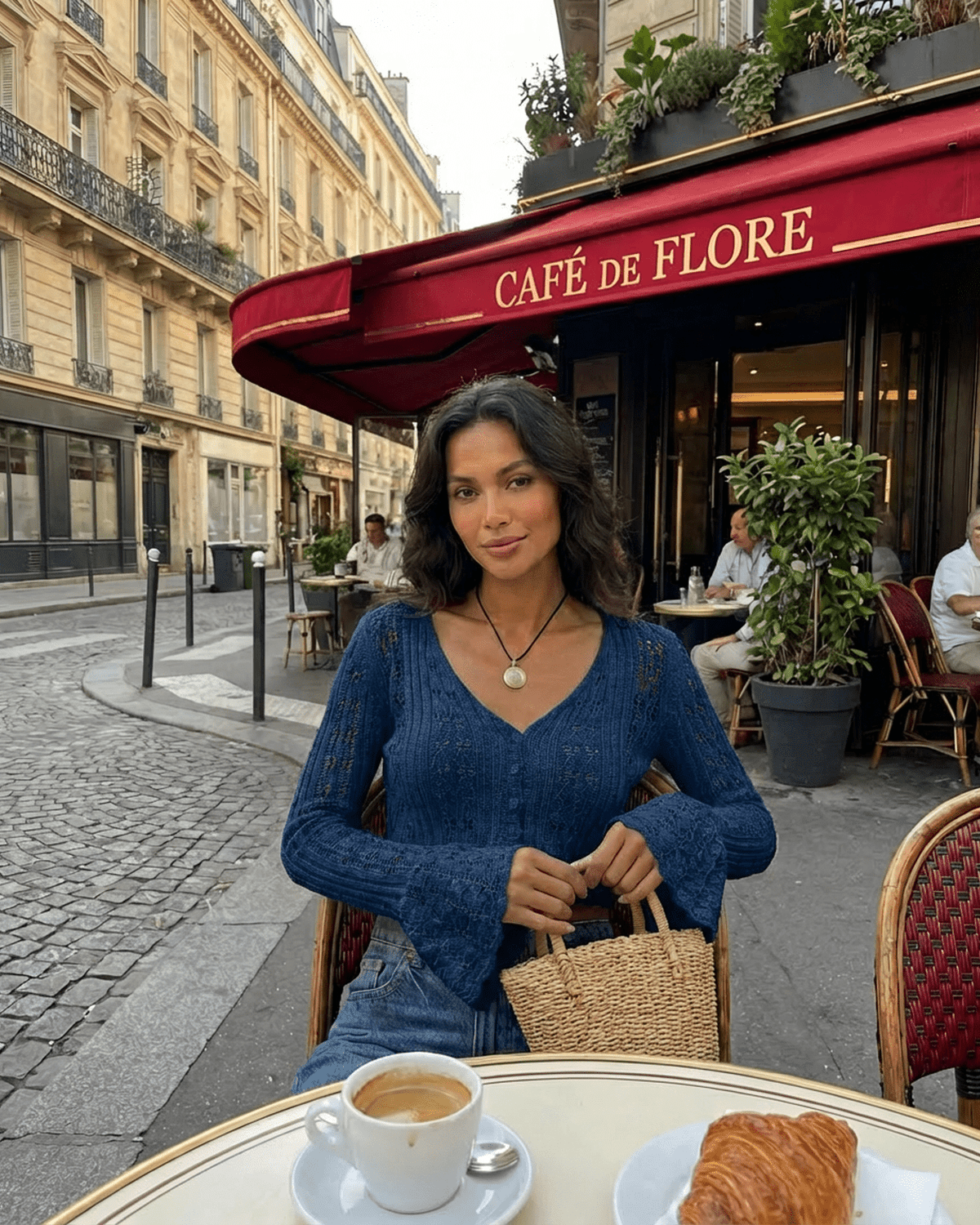 Indigo Cardigan by Lauven worn in a Parisian café, featuring flare sleeves and a V-neckline, paired with coffee and pastry.