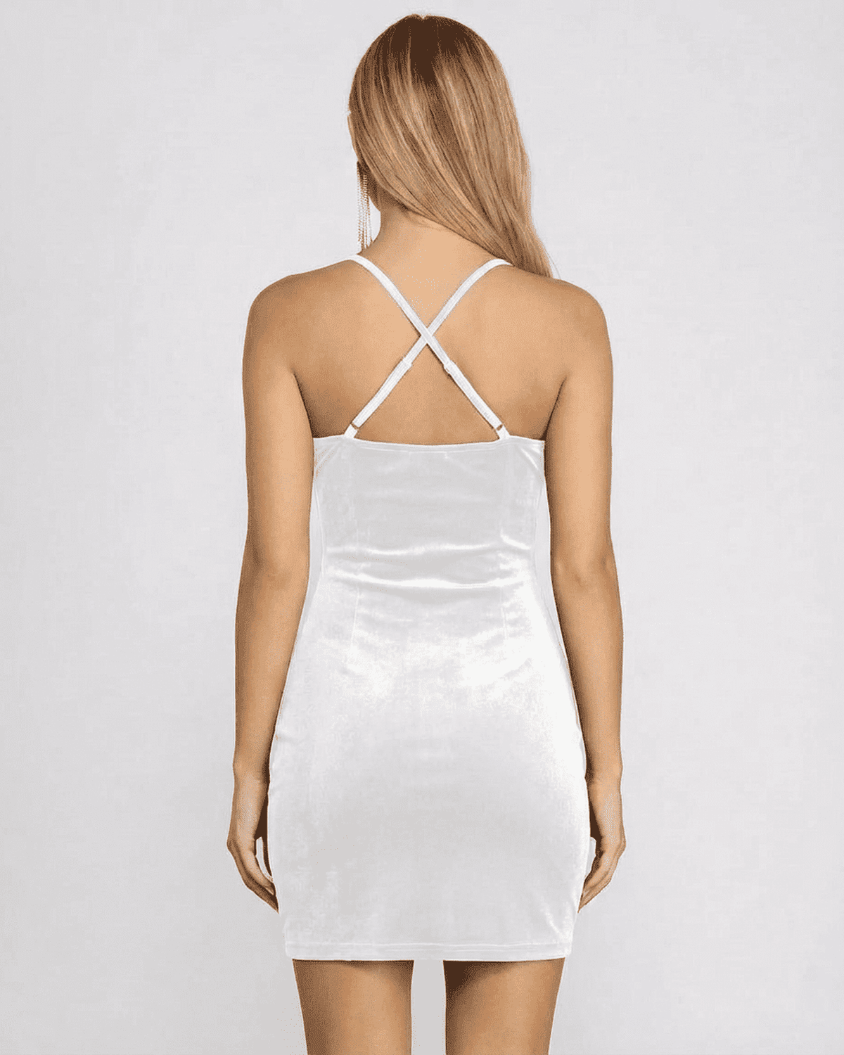 Back view of Lauven Ivory Mini Dress featuring velvet material and crisscross straps.