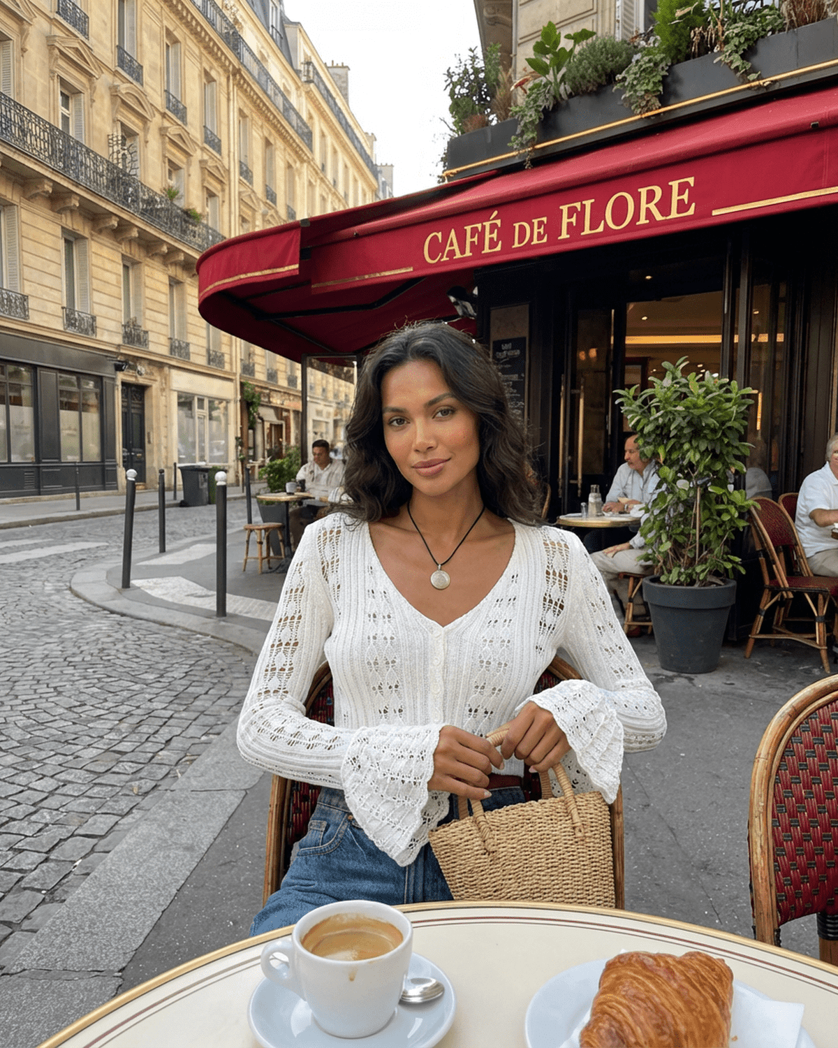 Lauven Laceflare Cardigan worn outdoors at Café de Flore with coffee and pastry, featuring lace details and flare sleeves.