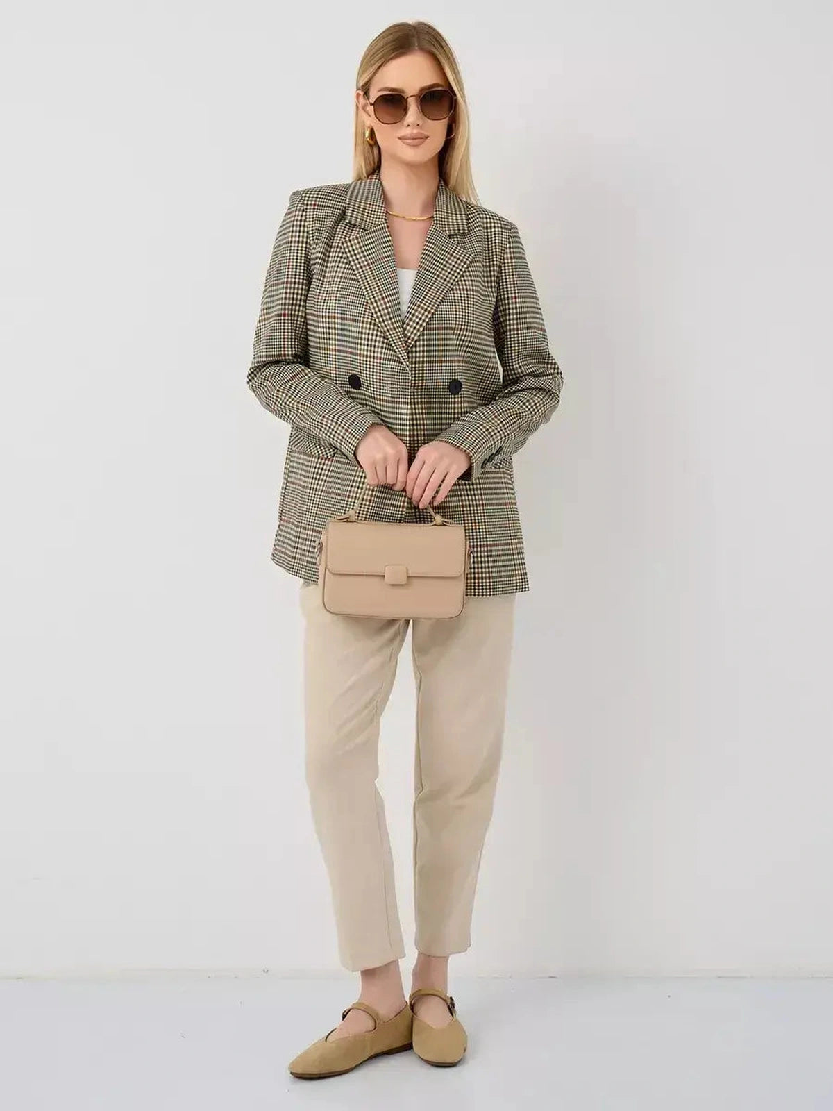 Maple Blazer by Lauven - Elegant oversized brown checked women's blazer for stylish office or casual wear.