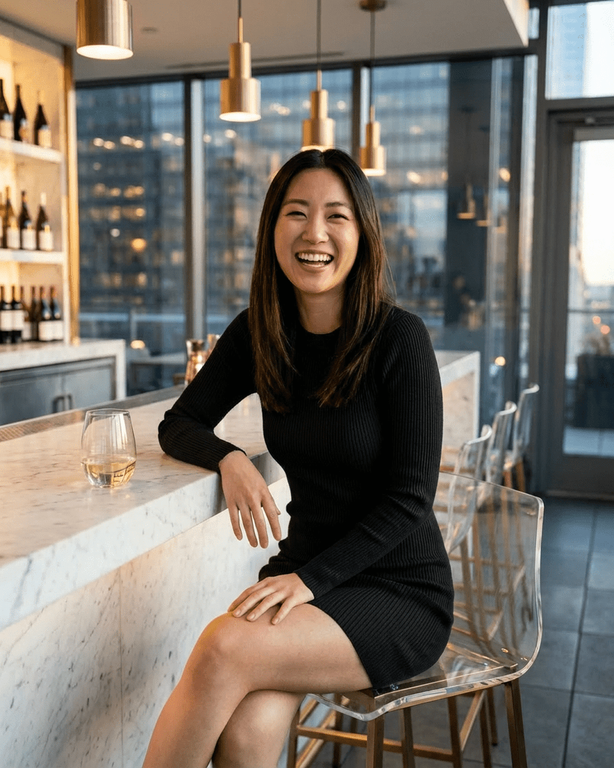 A woman smiling in a Milano Mini Dress, seated at a stylish bar with a glass of beverage.
