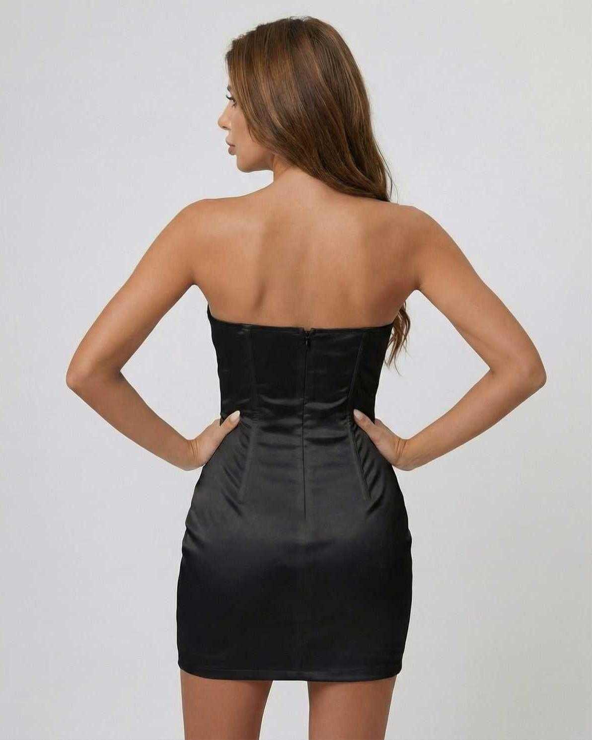 Noctura Mini Dress by Lauven - Strapless satin-effect mini dress showcasing structured fishbone bodice from the back.