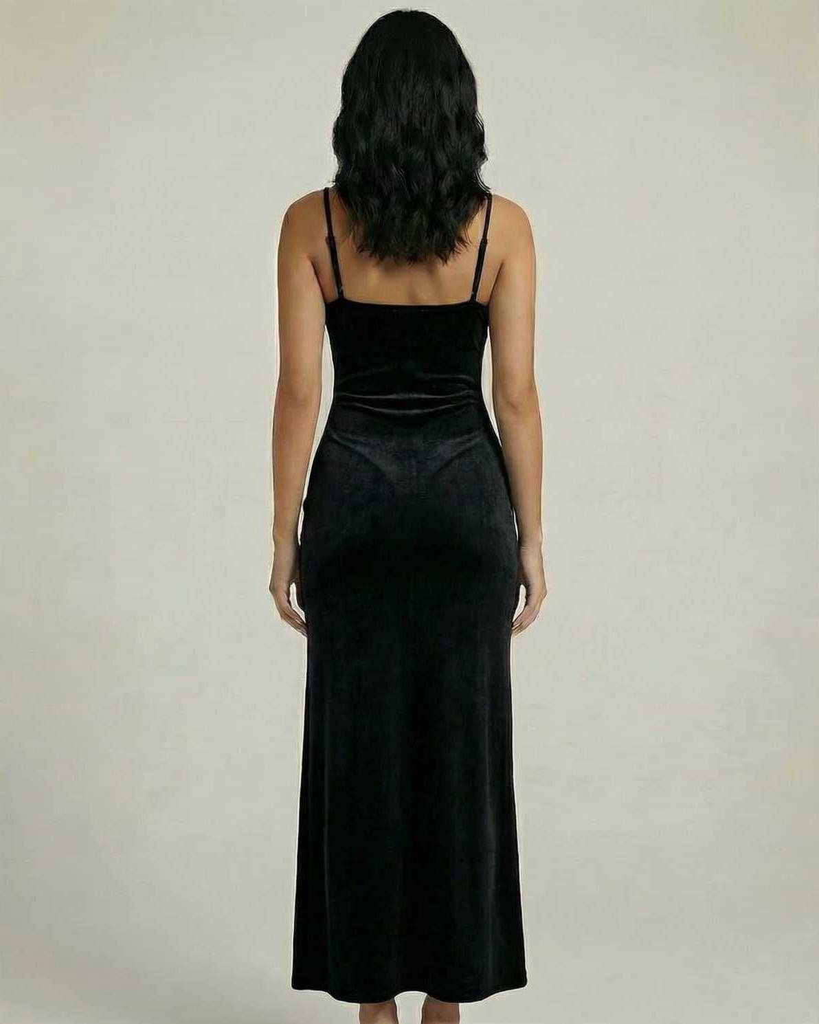 Back view of Noiré Midi Dress by Lauven showcasing a sleek design and asymmetrical slit.