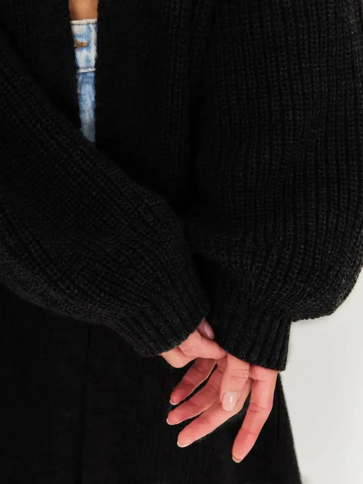 Onyx Cardigan by Lauven, showcasing cozy oversized chunky knitwear with detailed sleeves.