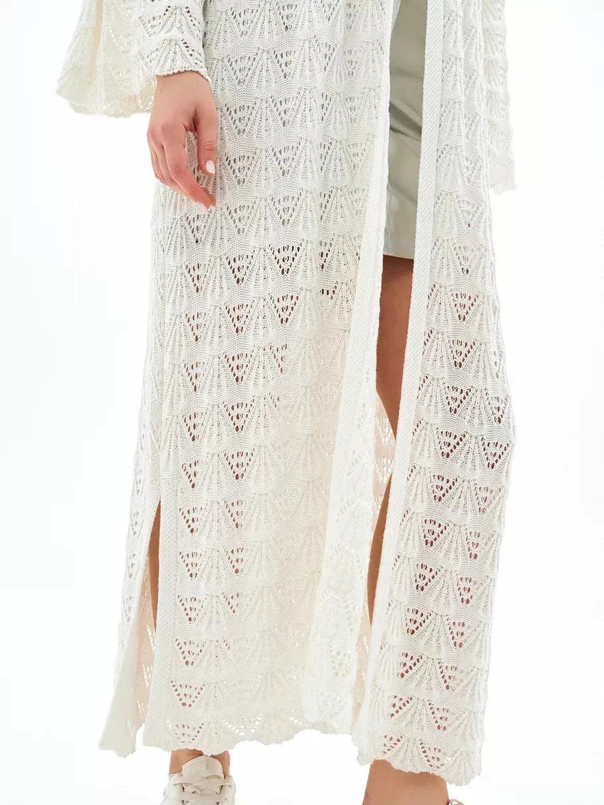 Pearl Cardigan by Lauven, lightweight openwork summer cardigan in creamy white with intricate lace patterns.