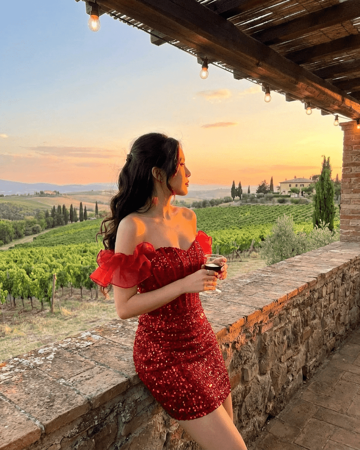 Scarlett Mini Dress by Lauven featuring a red sequin off-the-shoulder design against a scenic sunset.