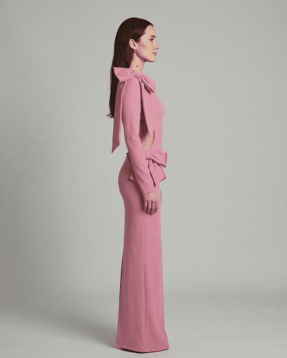 Roselle Maxi Dress by Lauven - Pink long sleeve bodycon dress with sculptural bows and cut-out waist.