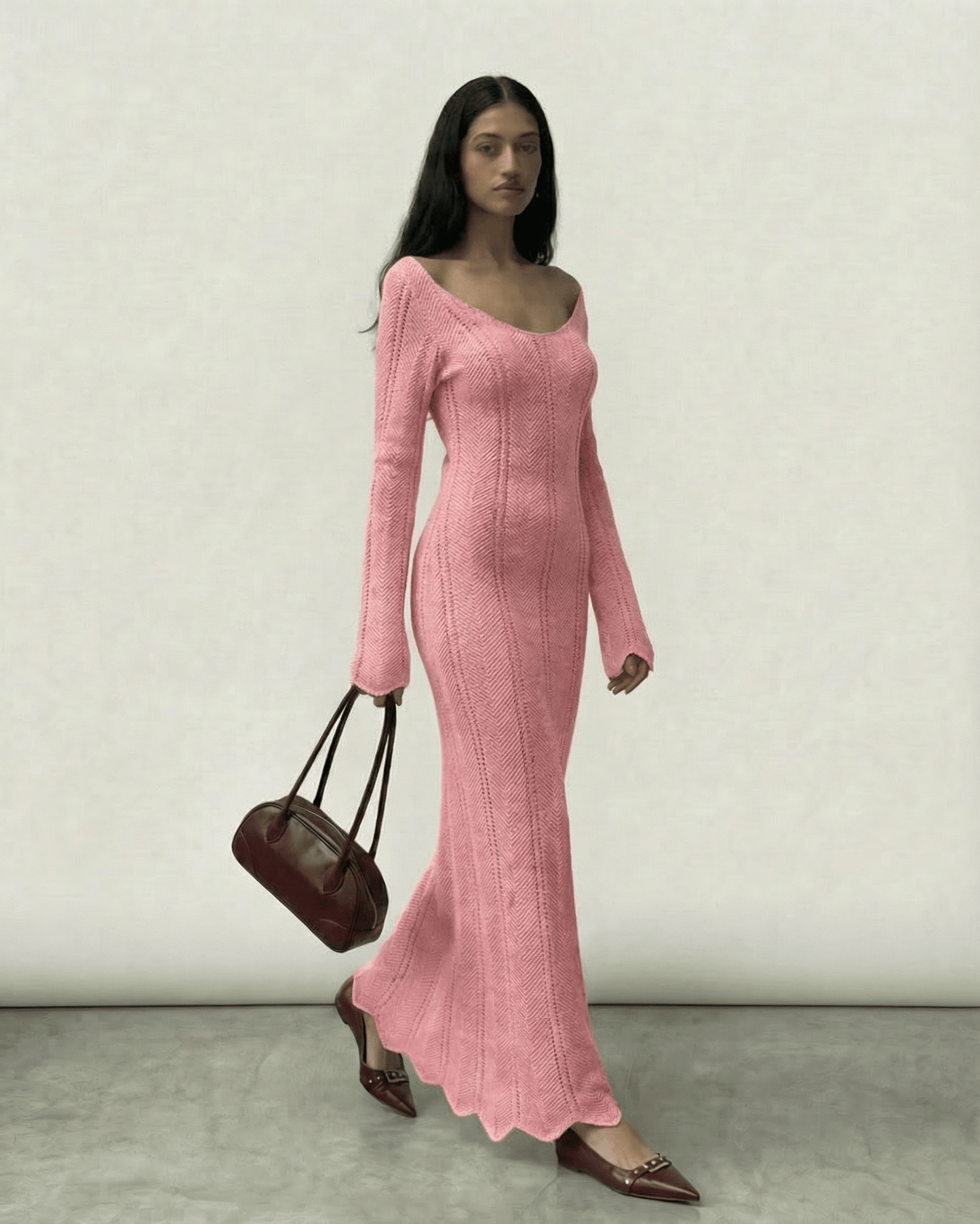 Roselle Maxi Dress by Lauven - Ribbed Bodycon with V-Neck and Long Flare Sleeves in soft pink.