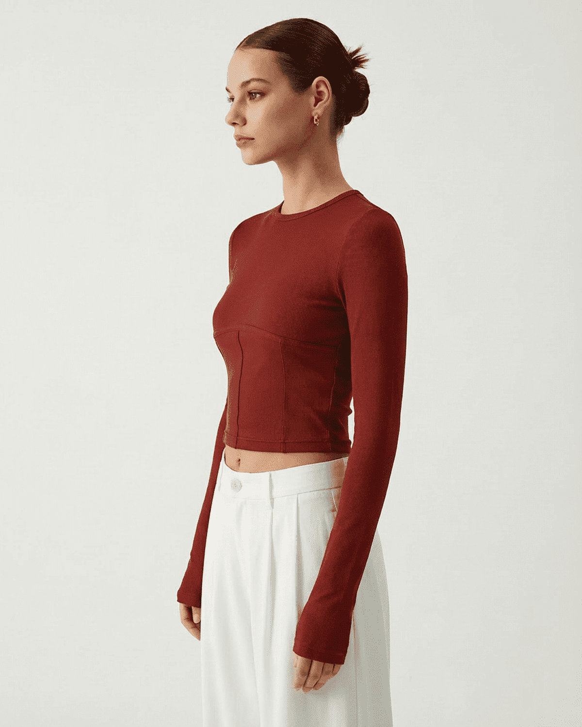 Ruby Corset Top by Lauven - Long Sleeve Jersey Crop with Clean Structure in Red