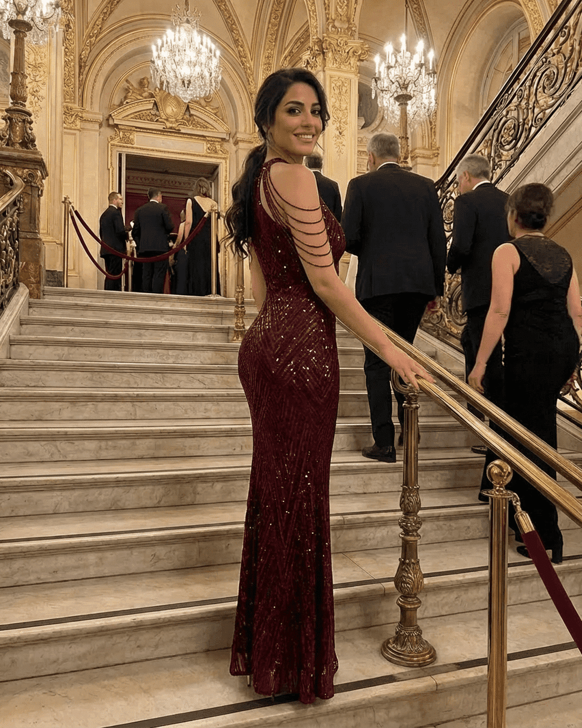 Ruby Maxi Dress by Lauven featuring a glamorous sequin halter mermaid design in deep red velvet.