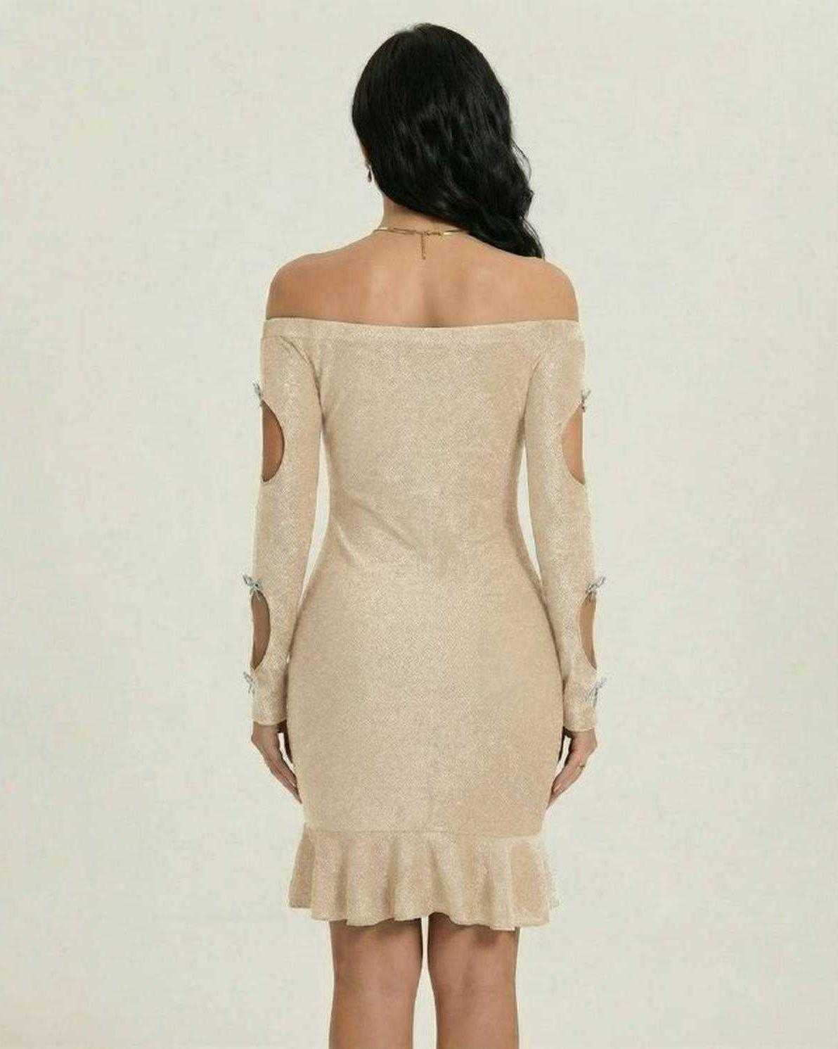 Sahara Mini Dress by Lauven, showcasing a shimmering beige off-the-shoulder bodycon design with ruffled hem and elegant cutouts.
